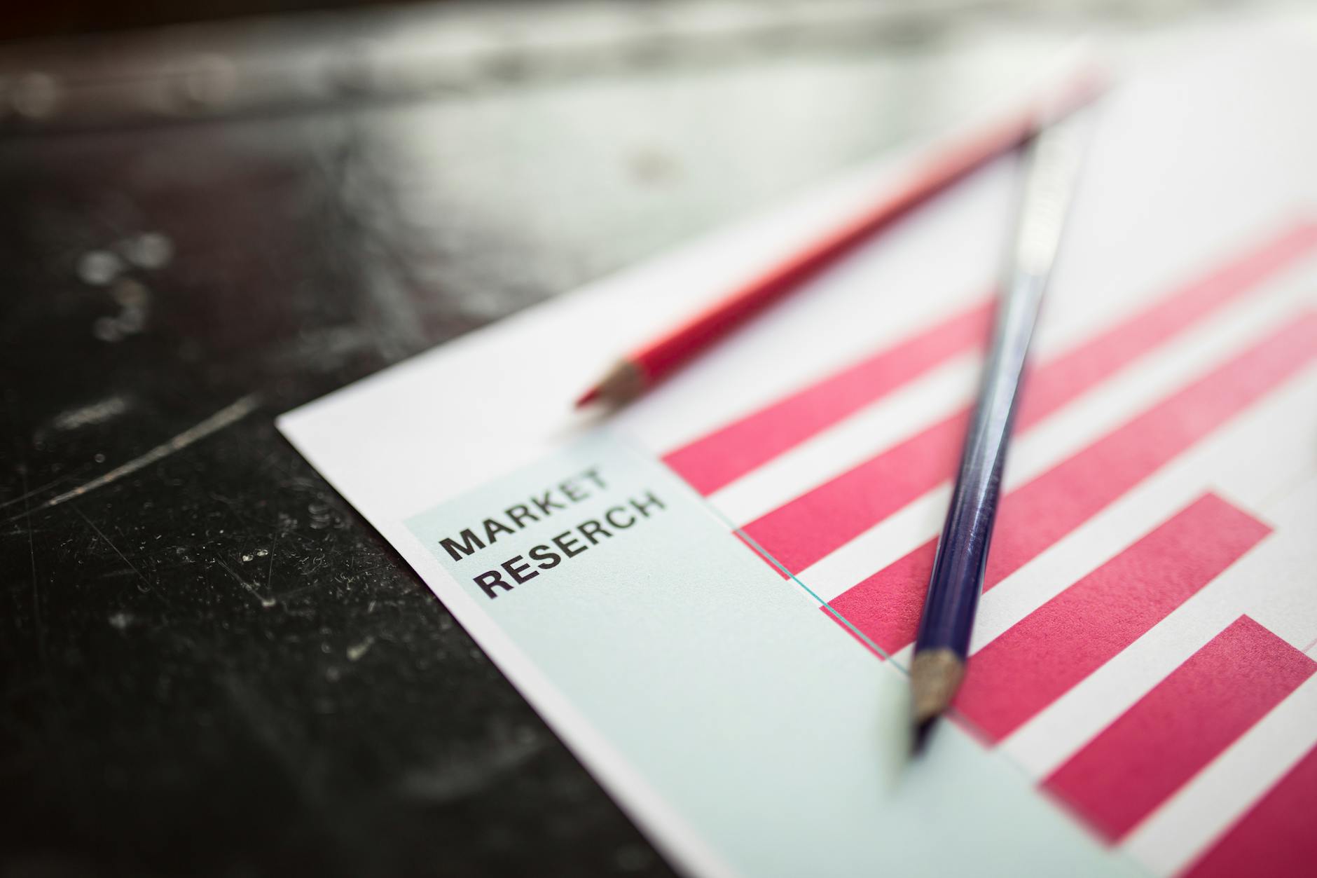 Close-up of market research paper with red graph bars and pencils, emphasizing business analysis.